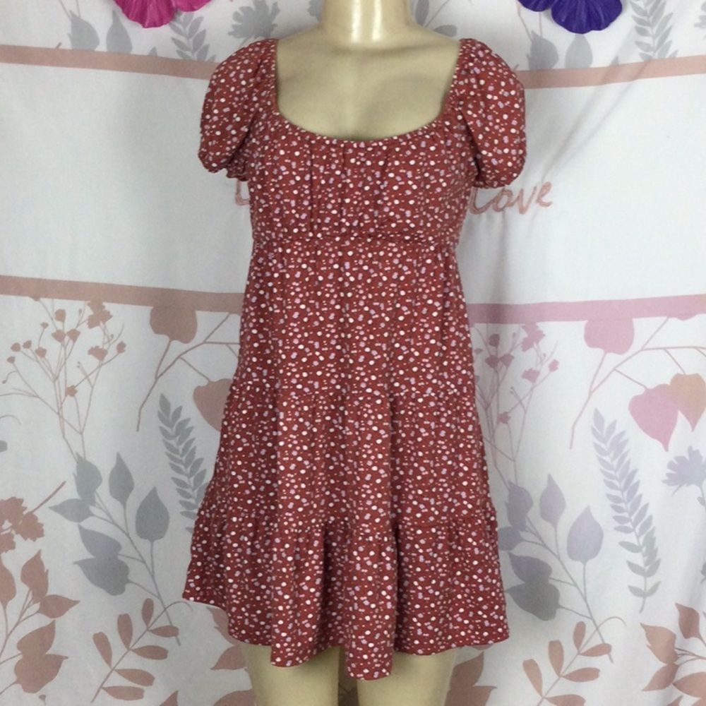 Hollister Co. red floral puff sleeve babydoll mini dress sz XS‎